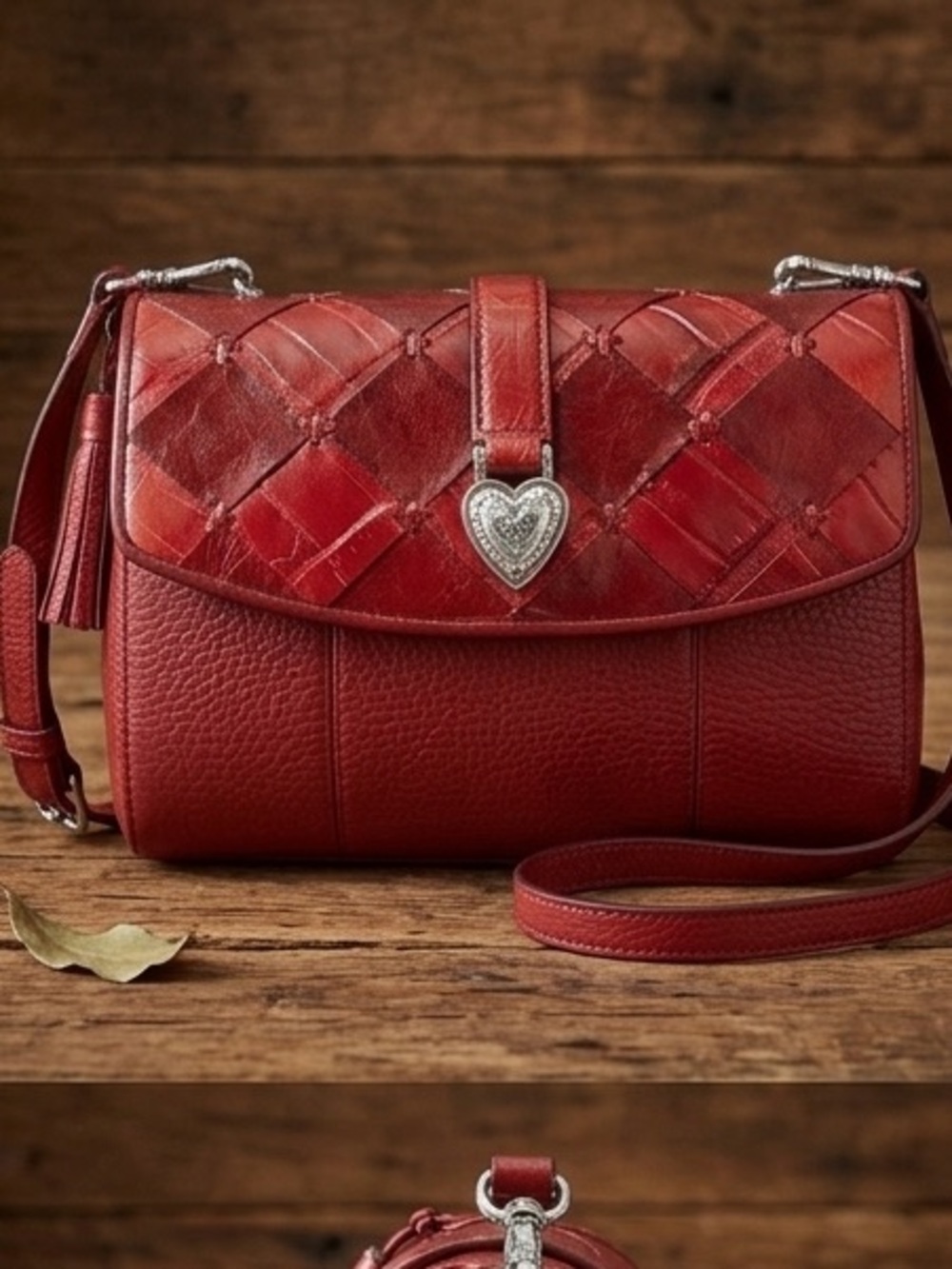 BRIGHTON Red Leather Croc Embossed ENCHANTED HEARTS Satchel Organizer Bag